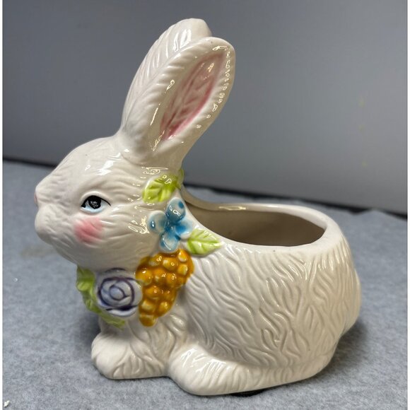 Ceramic Bunny Planter with Floral Accents Figurine - Picture 3 of 9